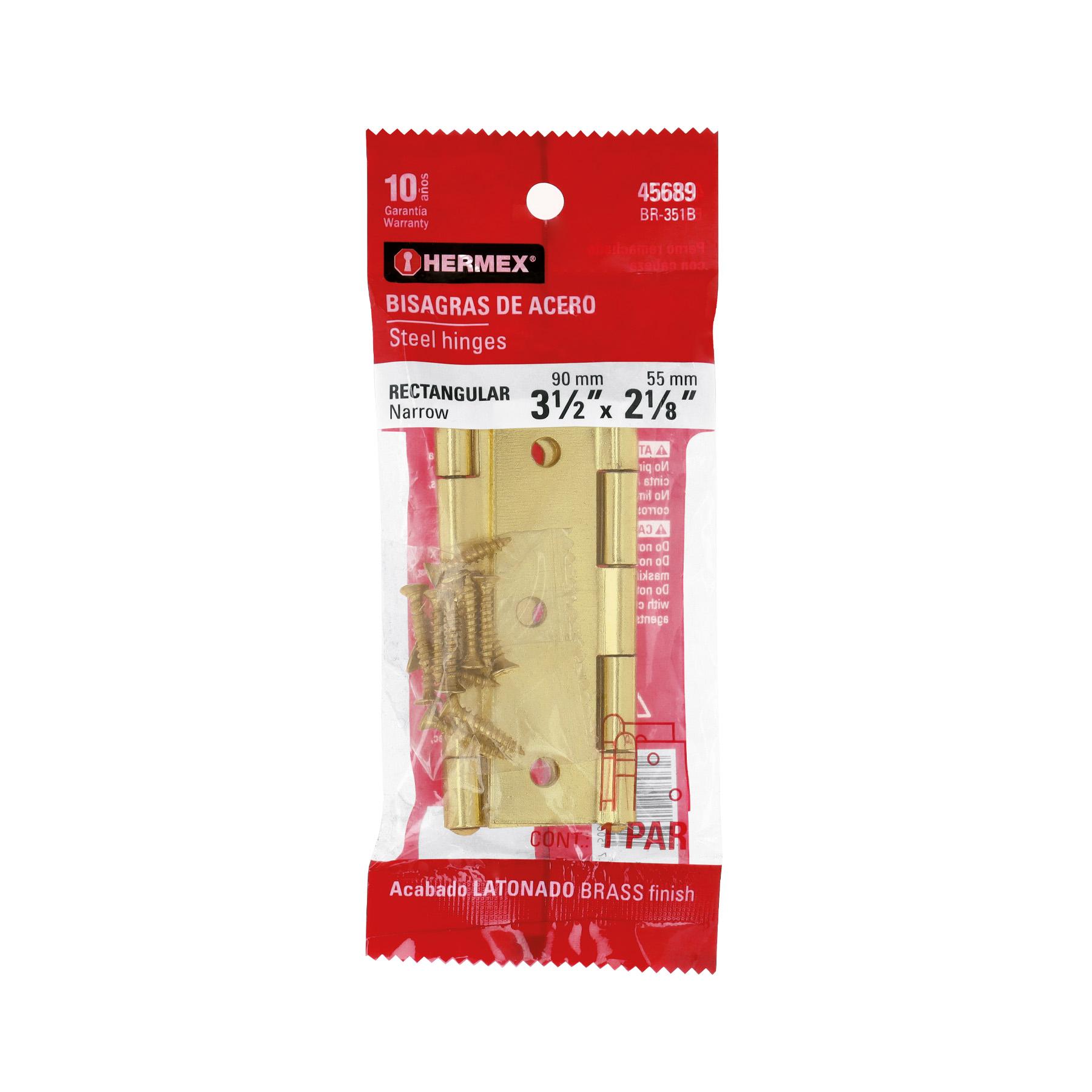 "PAR DE BISAGRAS RECTANGULARES DE ACERO 3-1/2"", LATONADO"