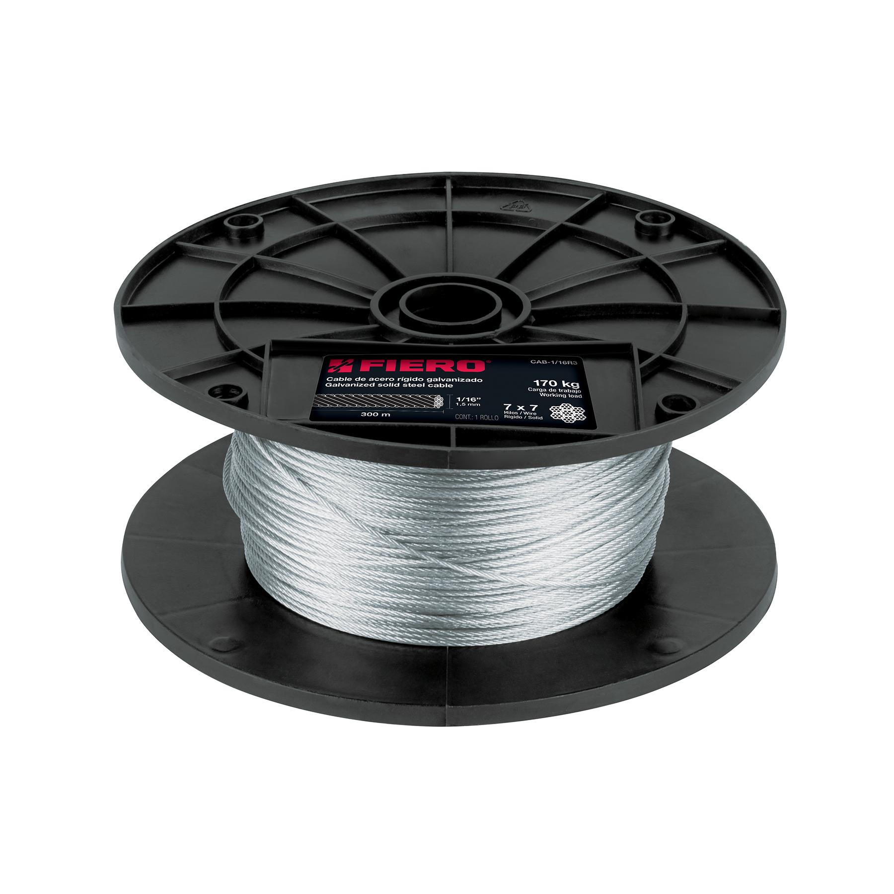 METRO DE CABLE RÍGIDO 1/16' DE ACERO 7X7 HILOS, 300 M, FIERO