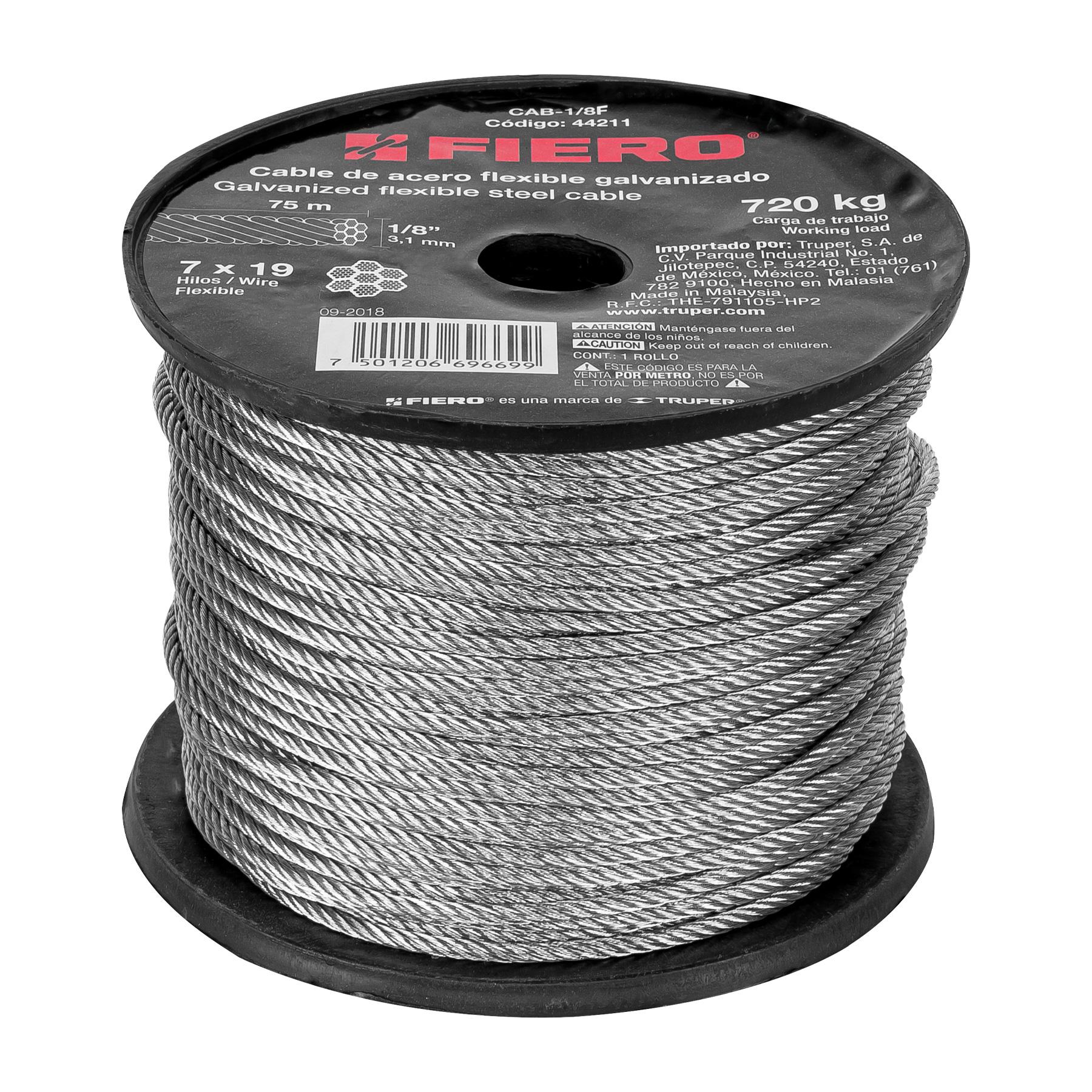 METRO DE CABLE FLEXIBLE 1/8' DE ACERO 7X19 HILOS, 75 M