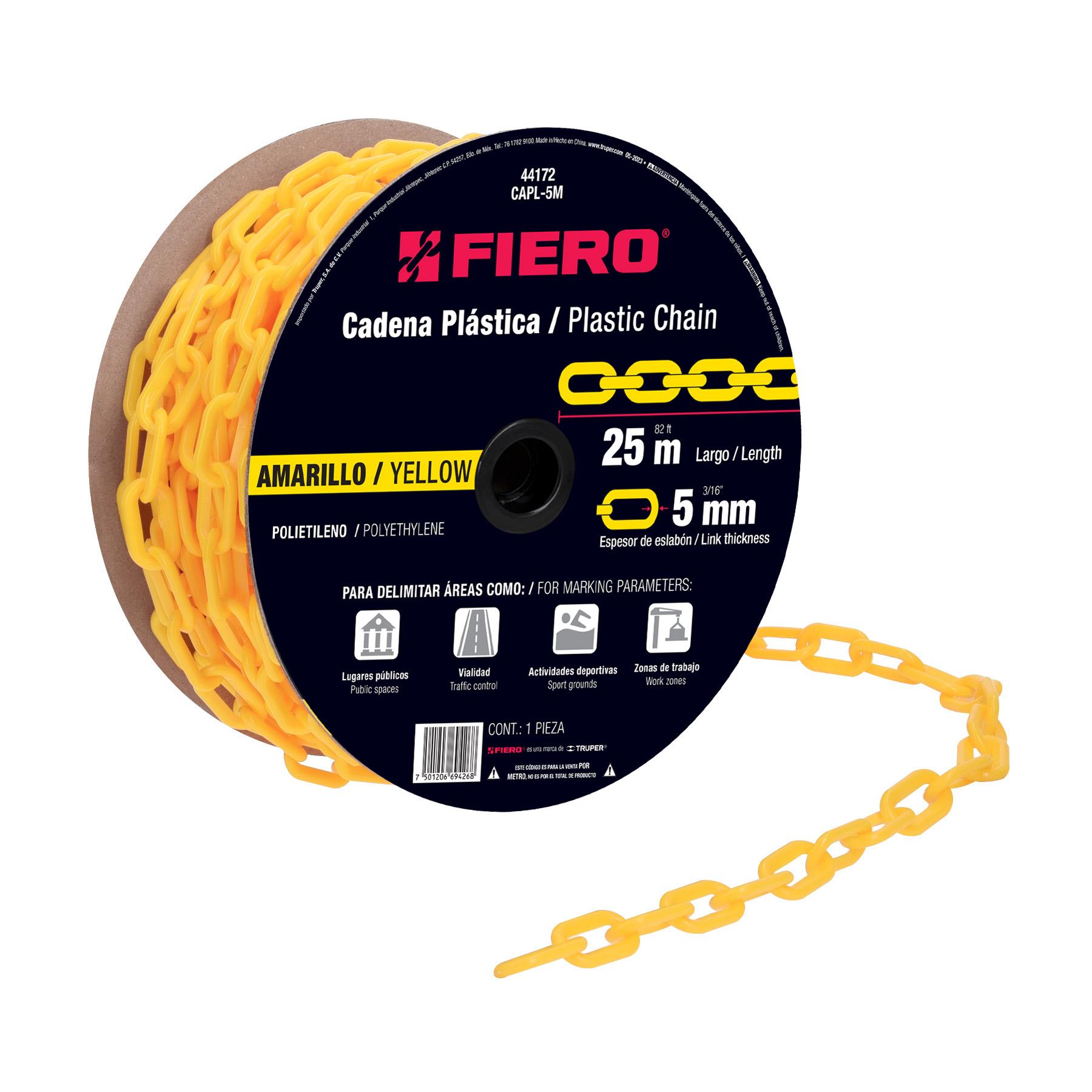 METRO DE CADENA DE 5 MM DE PLÁSTICO AMARILLA, CARRETE DE 25M