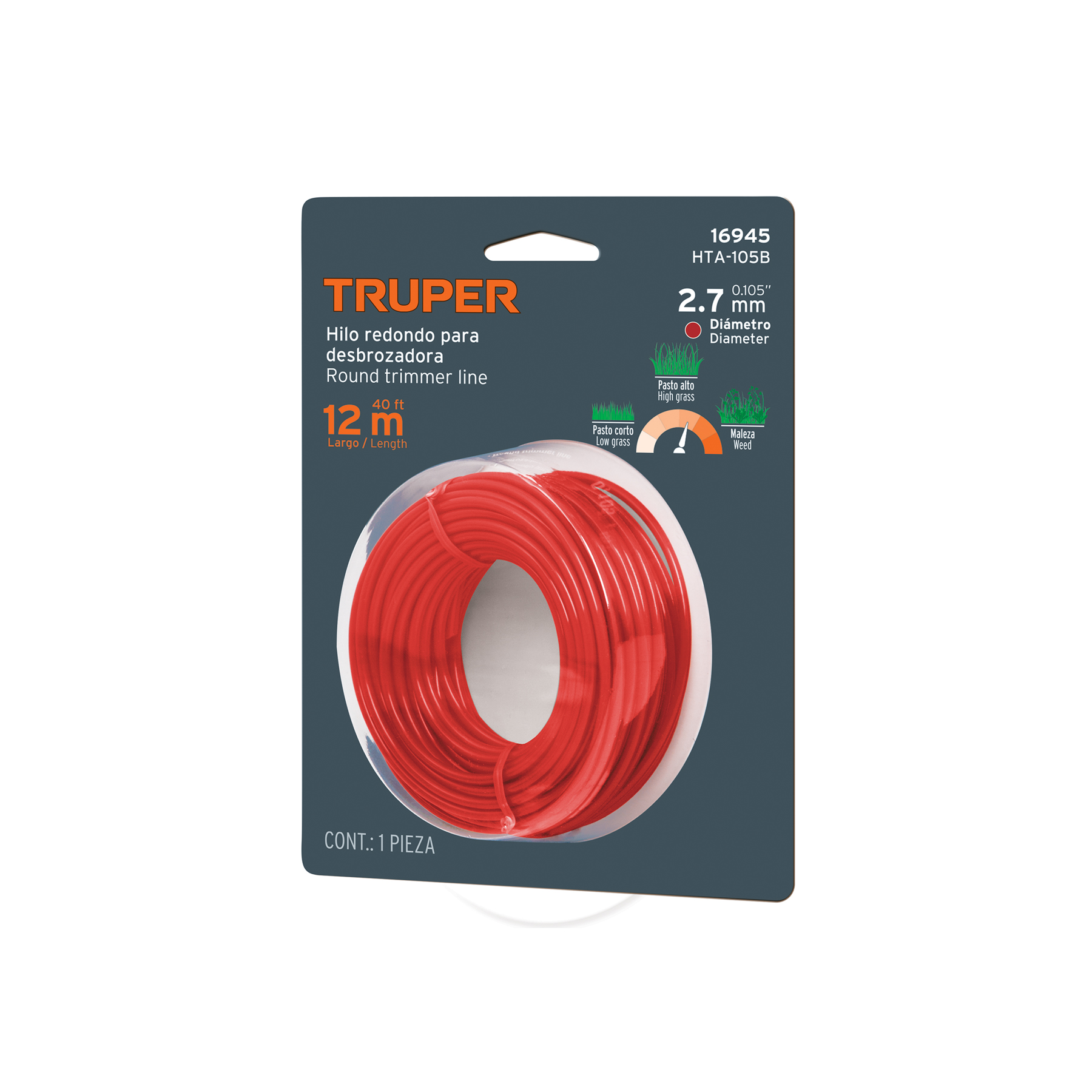 ROLLO DE HILO PARA DESBROZADORA, 2.7 MM X 12 M, TRUPER
