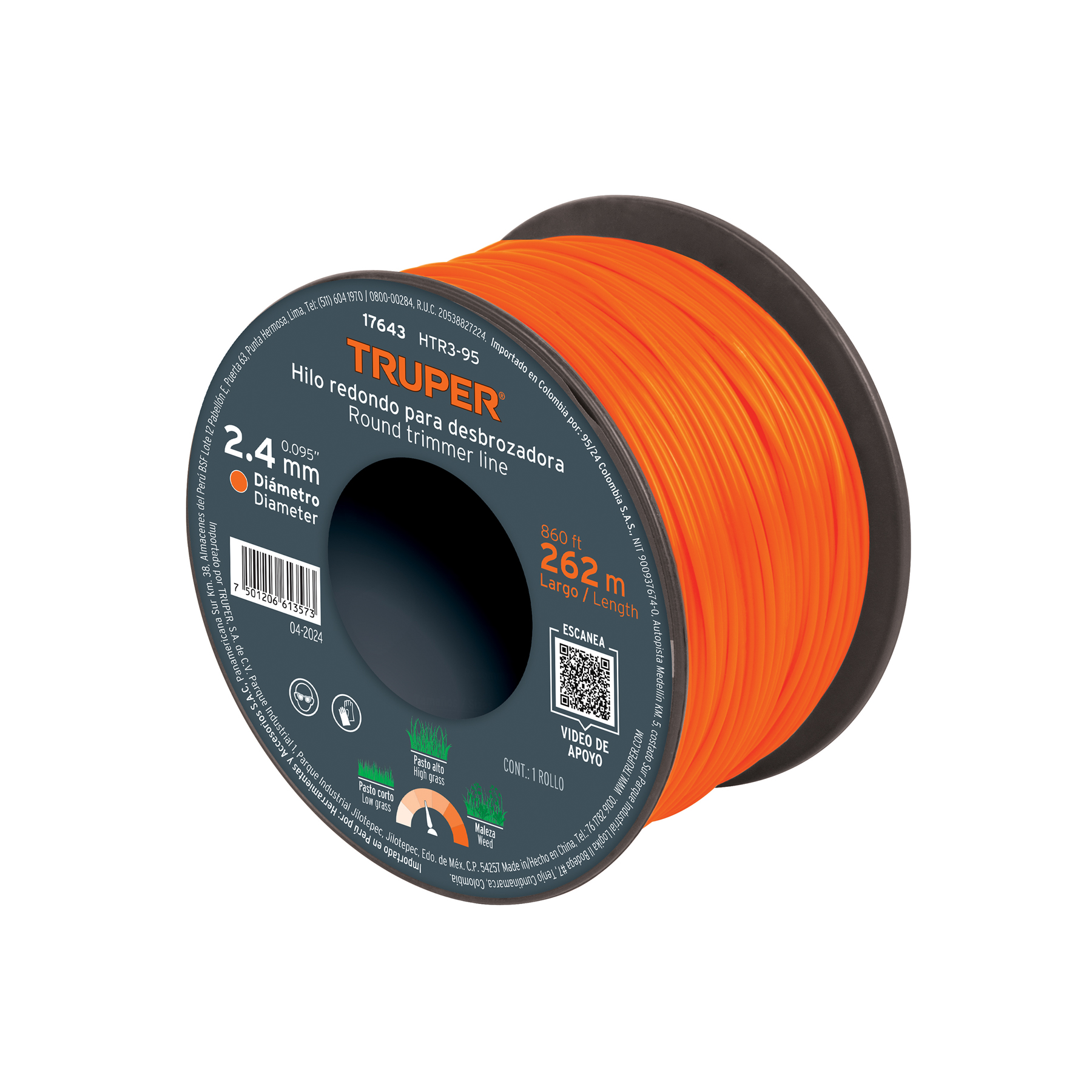 CARRETE DE HILO PARA DESBROZADORA, 2.4 MM X 262 M, TRUPER