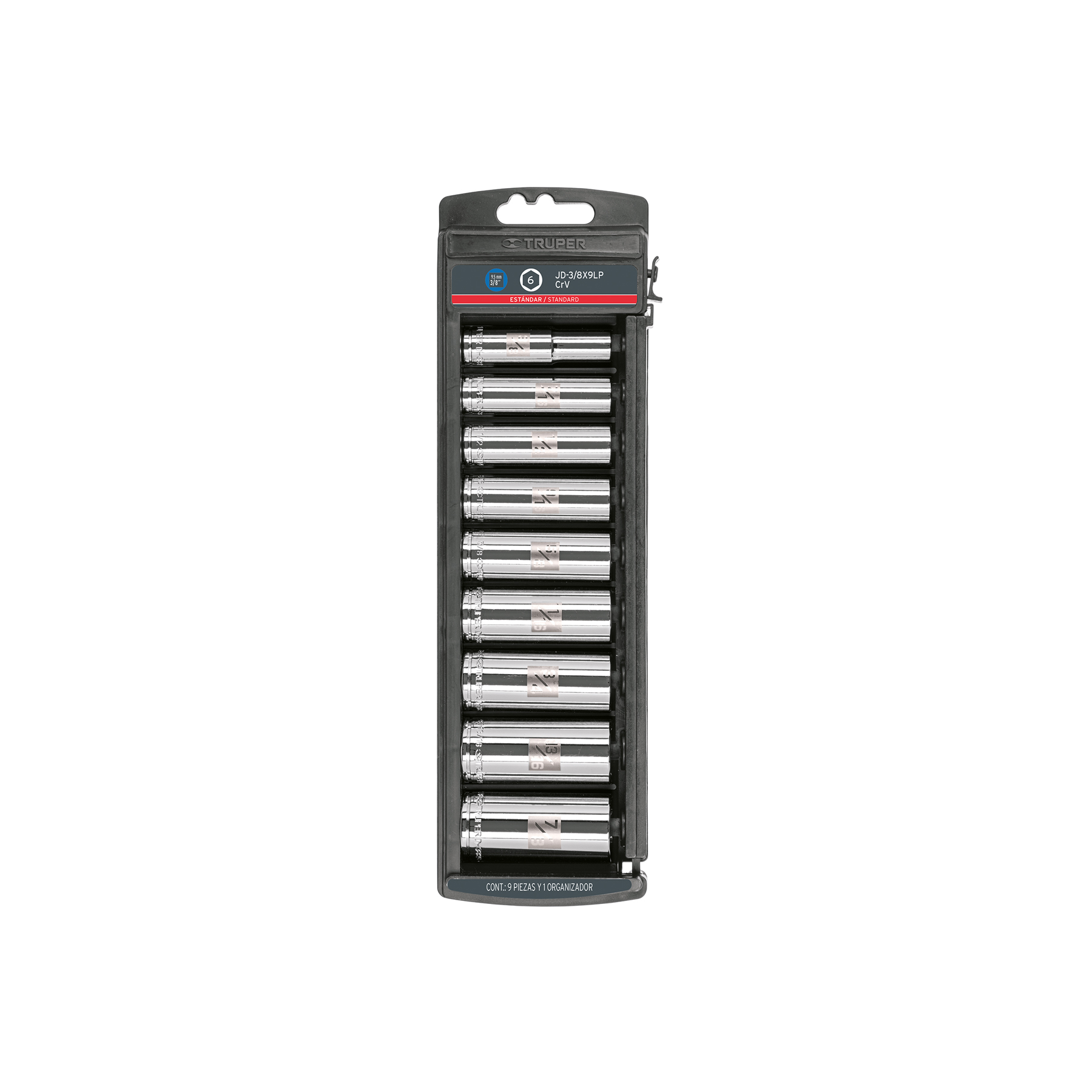 JUEGO DE 9 DADOS LARGOS CUADRO 3/8' STD, TRUPER