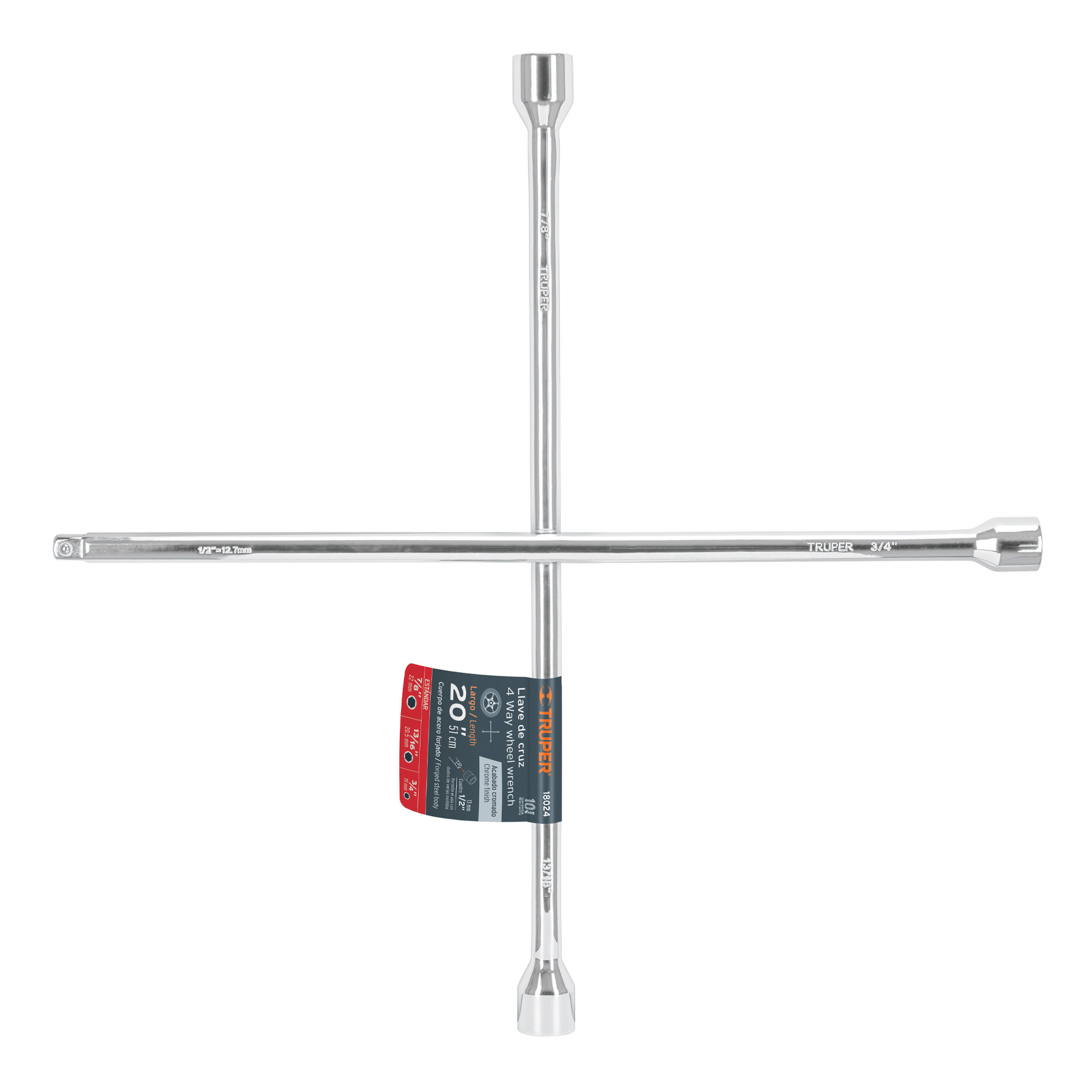 LLAVE DE CRUZ 20' PULIDA Y CROMADA CON ENTRADA CUADRO 1/2'
