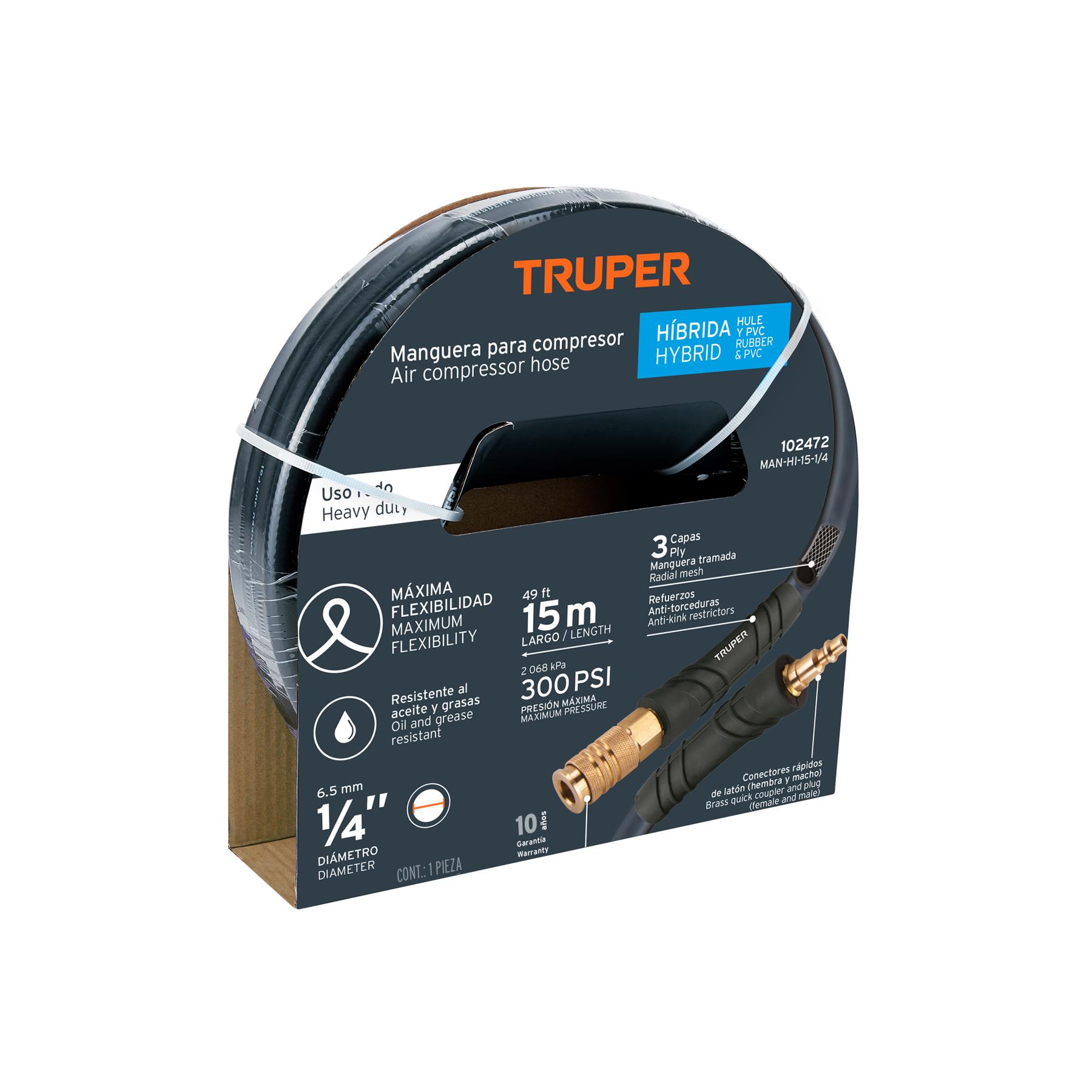 MANGUERA HÍBRIDA PARA COMPRESOR, 15 M X 1/4', TRUPER