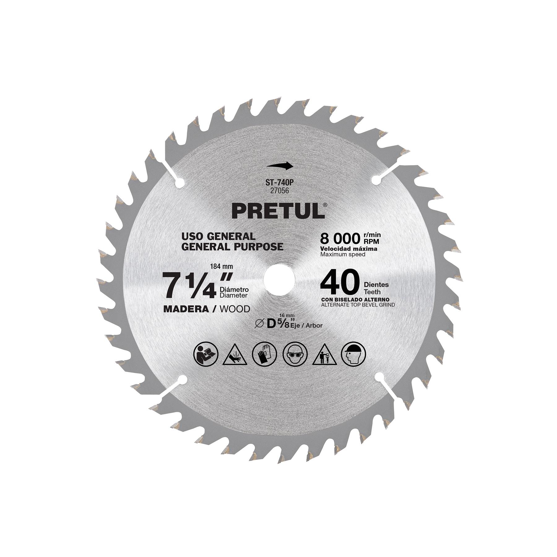 DISCO SIERRA 7-1/4' P/MADERA, 40 DIENTES CENTRO 5/8', PRETUL